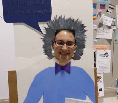 Associate Professor Wendi Dass takes a turn as Einstein. Photography courtesy of PVCC math department