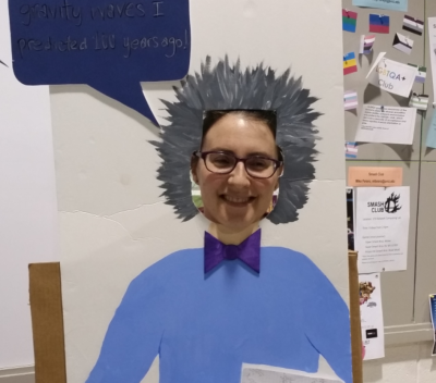 Associate Professor Wendi Dass takes a turn as Einstein.  Photography courtesy of PVCC math department