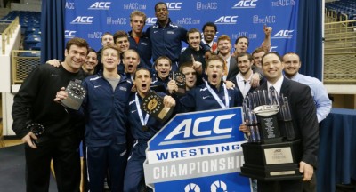 Steve Garland and the UVA wrestling team celebrate after winning the ACC championships in 2015. Photography provided by Steve Garland. 