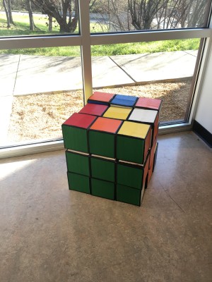 A giant Rubix cube sculpture in the V. Earl Dickinson Building at PVCC. 