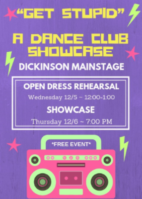 a flyer from PVCC's  Dance Club Advertising their upcoming Dance Showcase