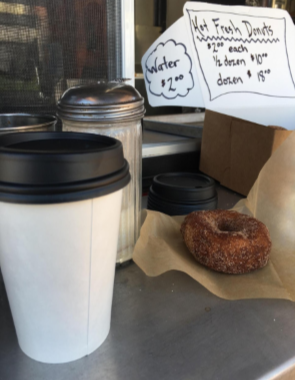 A picture of a coffee and doughnut from the Winter Market