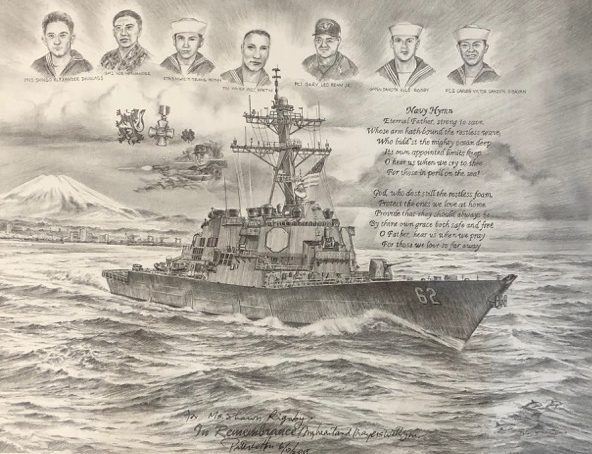 Pencil drawing of the seven sailors and the ship they served on.