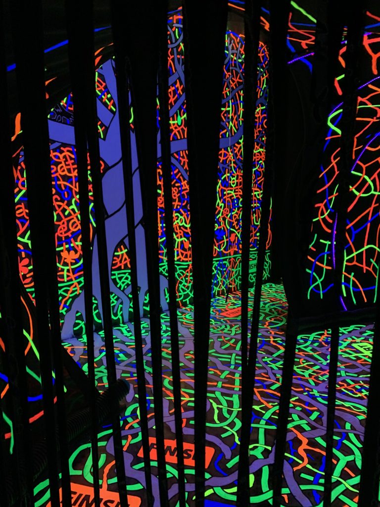 A maze in the IX exhibit. The walls and floor are pitch black with multicolored roots spread throught the walls and floor. There is also a large-twisted tree on the back wall.