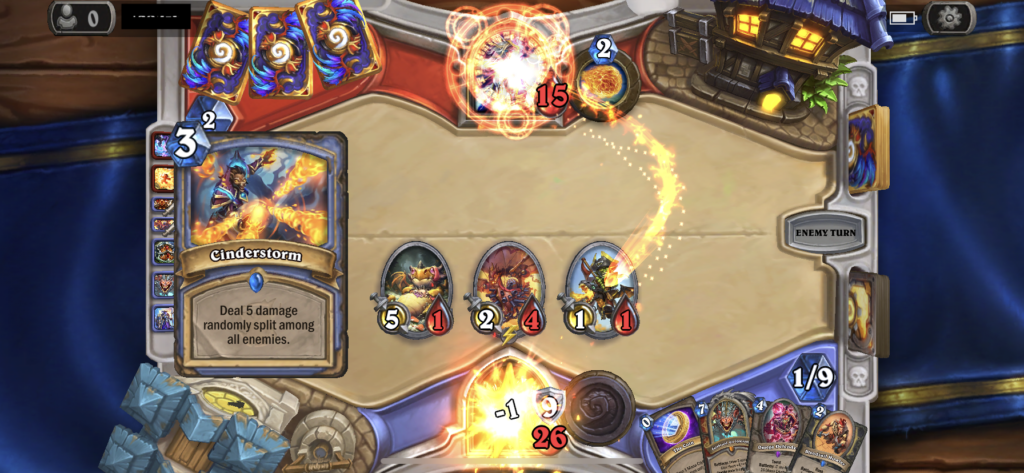 A warrior with three minions getting attacked with a Cinderstorm spell by a mage.