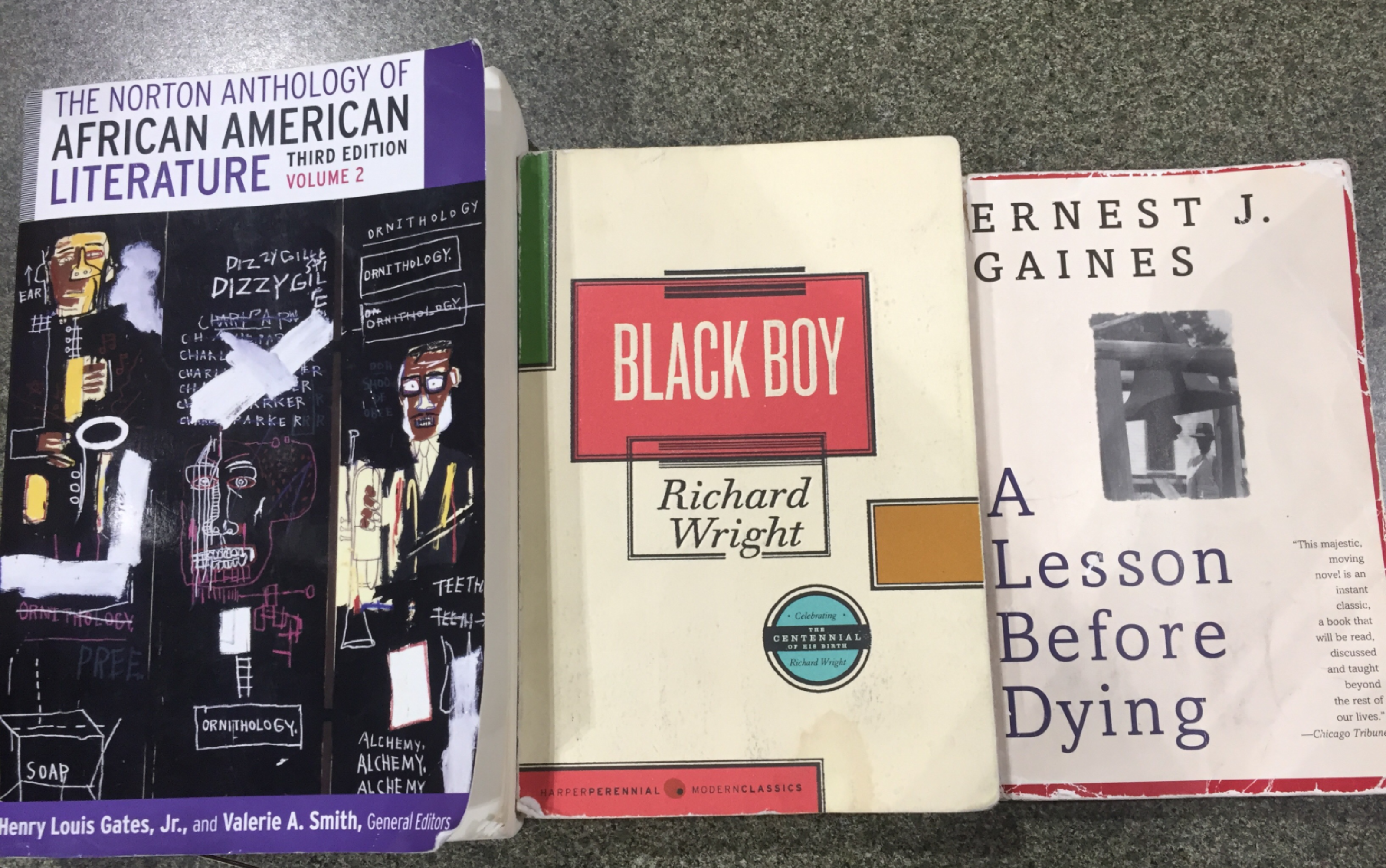 Three books on a table. The Norton Anthology of African American Literature (vol. 2), Black Boy, and A Lesson Before Dying
