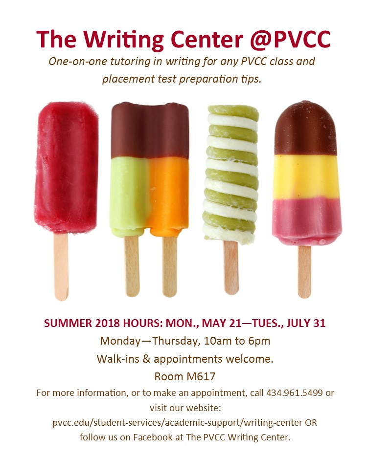 Advertisement for the Writing Center summer hours ( Monday to Thursday 10 am to 6 pm)