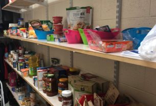 the inside of the pantry with food items on shelves