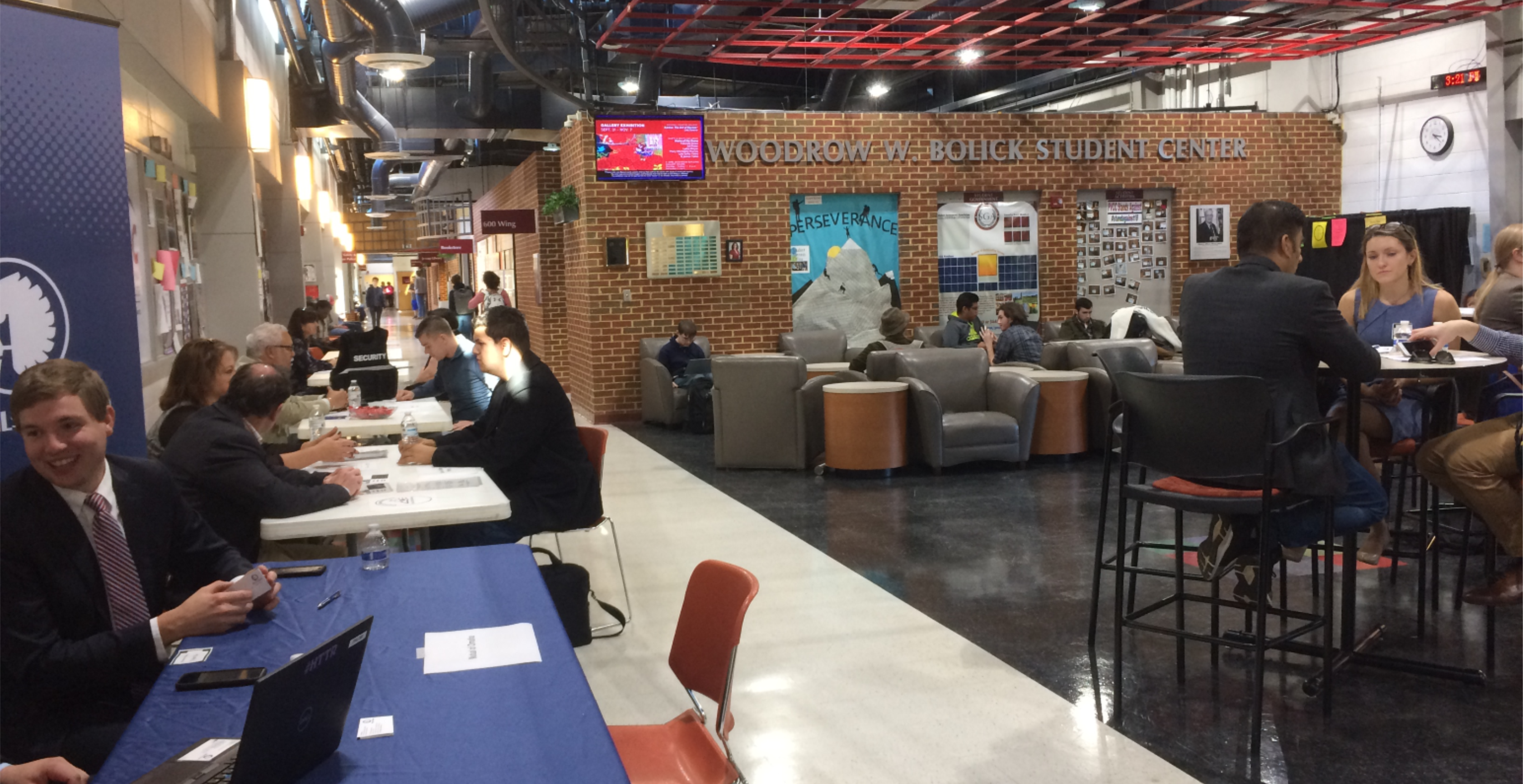 Students interview with employers in the Bolick Student Center