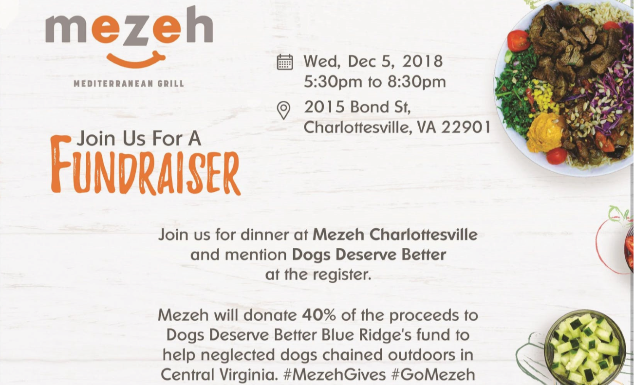 picture of a flyer from Mezah describing their Dogs Deserve Better Fundraiser