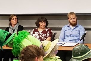 Jennifer Scott, Lisa Glassco, Sean Farber, and Amory Fischer taking questions after everyone had given their speeches.