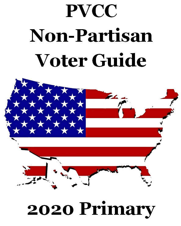 PVCC Non-Partisan Voter Guide: 2020 Primary with an image of the USA covered with a flag