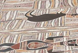 Aboriginal art depicting a human and two four-legged animals.