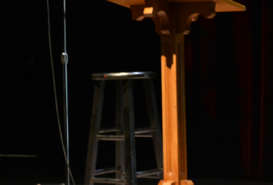 Stool, lectern, and mic