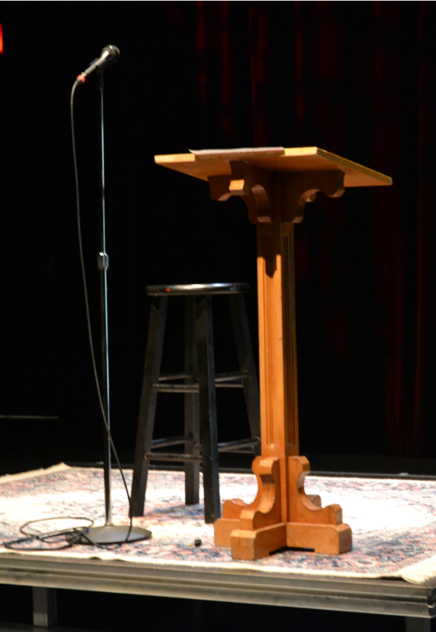 Stool, lectern, and mic