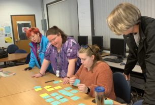 Ginger Hood, Dr. Whyte, Jessica Adkins, Cody Clark plan the layout for The Forum