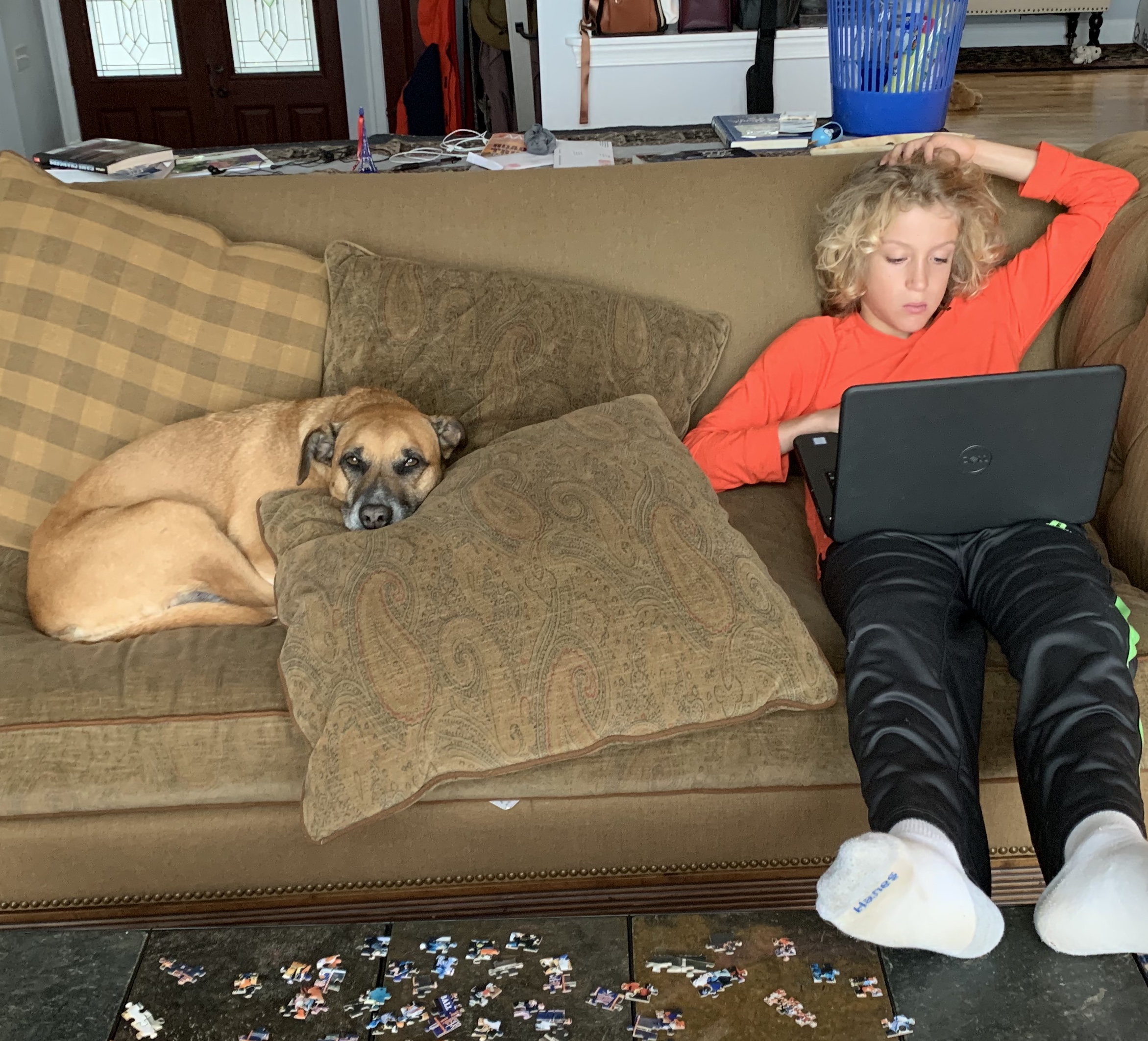 My son doing homeschool with our dog next to him.