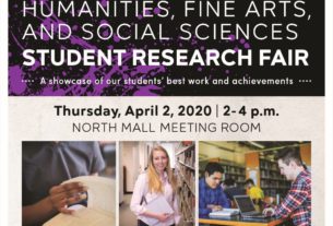 A flyer detailing the "Humanities, Fine Arts, and Social Sciences Student Research Fair. A showcase of our students' best work and achievements." Flyer features pictures of PVCC students.