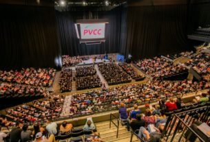 A picture of the PVCC 45th Annual Commencement Ceremony, an overhead view displaying rows of occupied seats and the stage. Photo courtesy of the PVCC Facebook page.