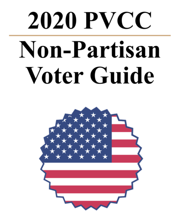 Cover of the voter guide. Text reads: "2020 PVCC Non-Partisan Voter Guide" over image of the US flag