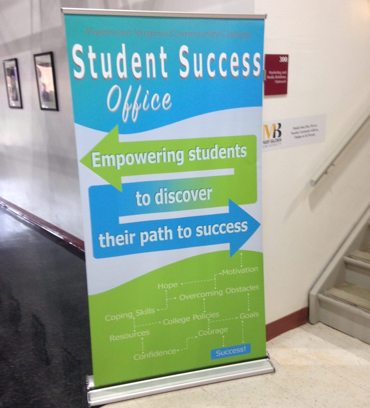 A sign directing students towards the student success office