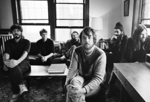 a black and white picture of the band Fleet Foxes.