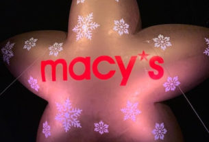 A star shaped Macy's balloon illuminated in the night