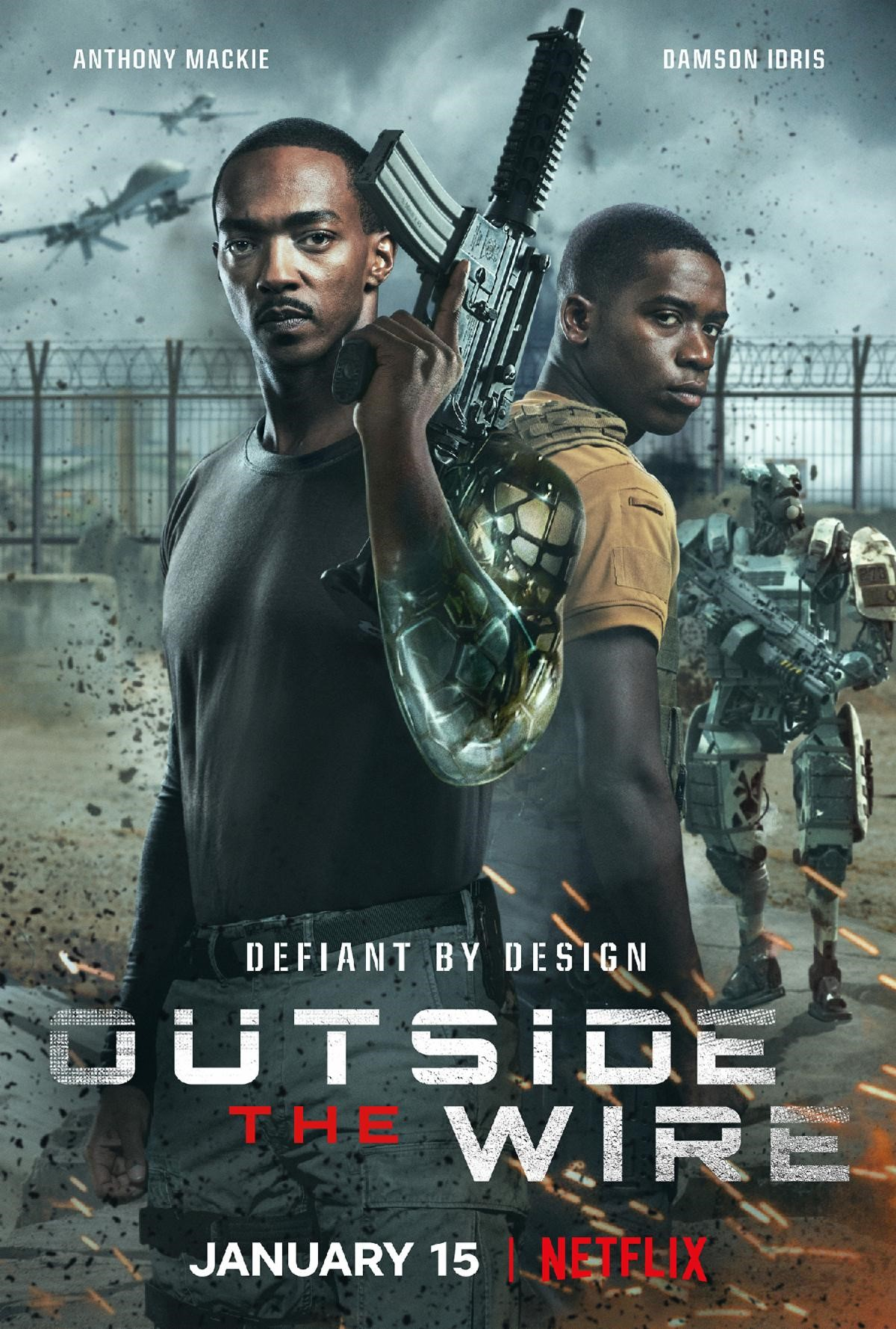 The promotional poster for Outside the Wire. Two men stand back to back and look at the camera.