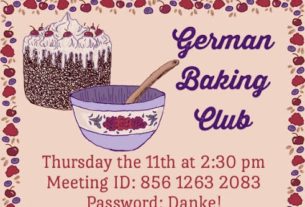 A graphic with "German Baking Club" in cursive and a picture of cake and a mixing bowl over a pink background.