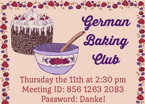 A graphic with "German Baking Club" in cursive and a picture of cake and a mixing bowl over a pink background.