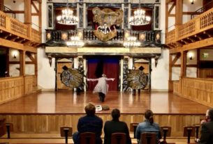 View of the Blackfriars Playhouse stage showing student actors using their paper mache bear prop.