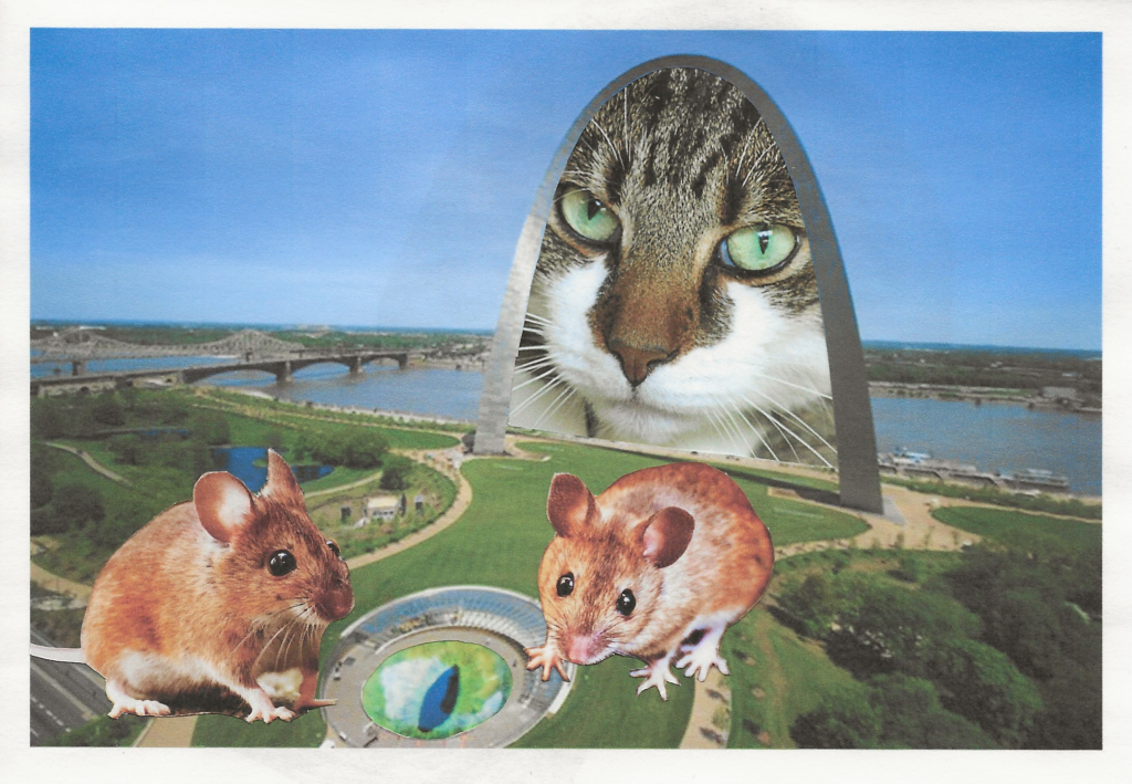 A collage that depicts a cat looking through an archway at a pair of mice. The mice are standing on a lush green landscape, and the archway the cat lurks in bends upwards into the sky.