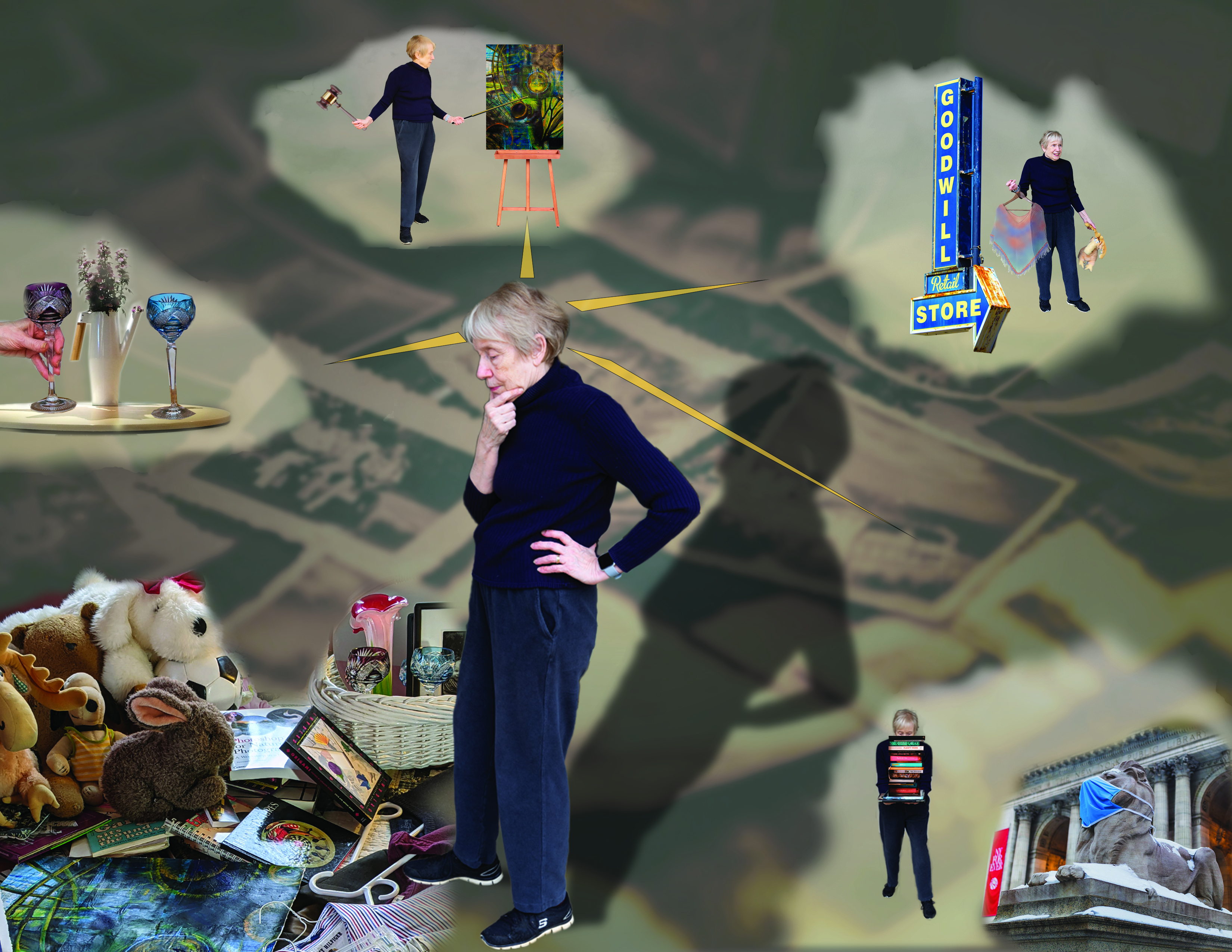 A digital collage-style illustration of a person going about various tasks and errands