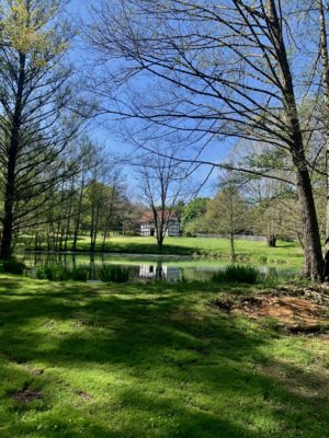 18th century English homestead across a pond and green field