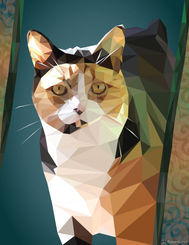 A low poly geometric illustration of a calico cat against a dark teal background