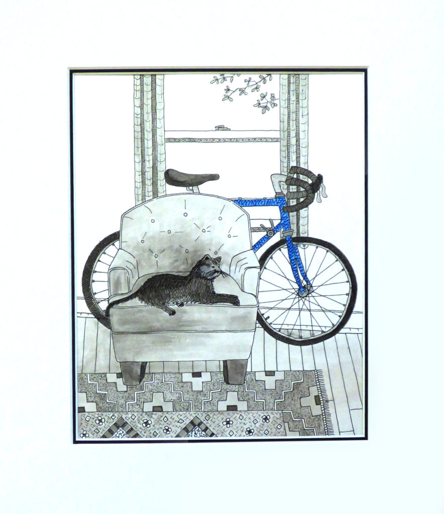 An illustration of a black cat sitting on an armchair with a blue bike leaning against a window behind the chair