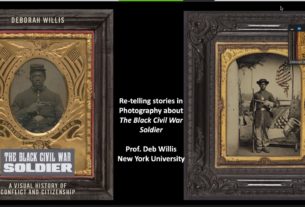 Screen capture showing two Civil War era photos of Black soldiers and a small picture of the speaker, Deborah Willis, in the top right corner