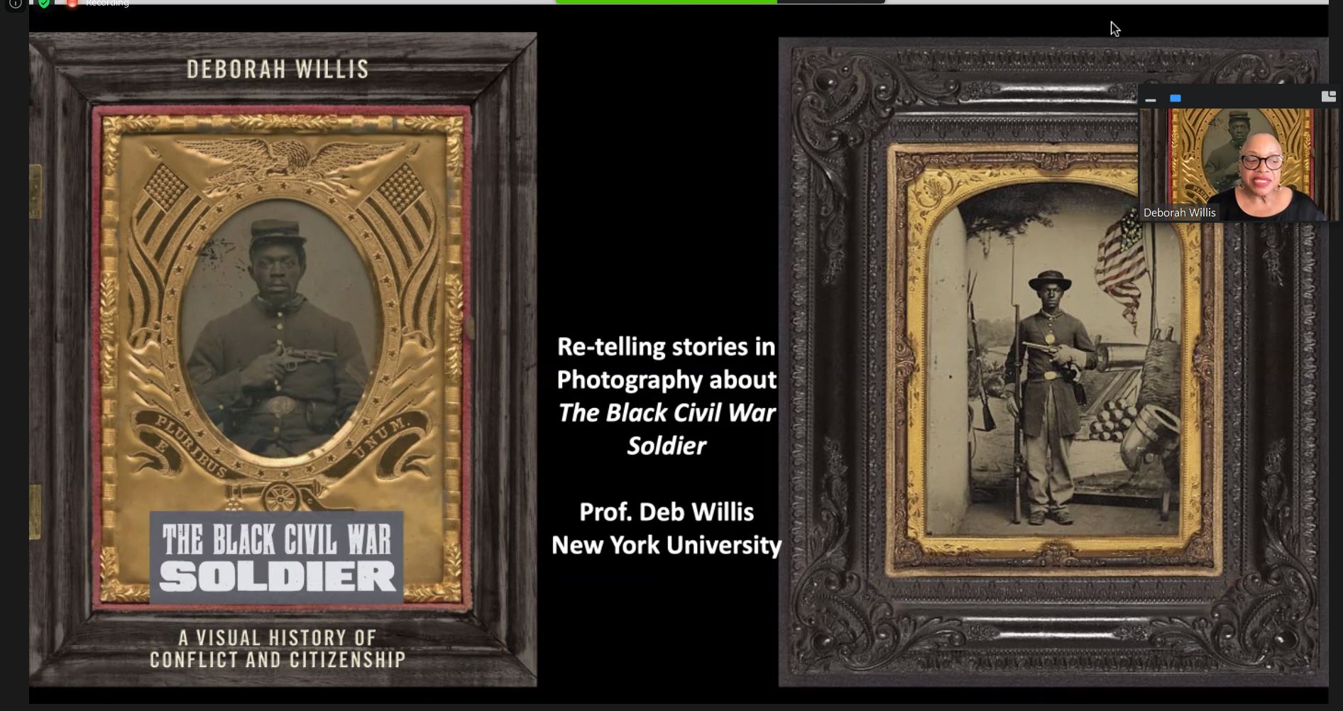 Screen capture showing two Civil War era photos of Black soldiers and a small picture of the speaker, Deborah Willis, in the top right corner
