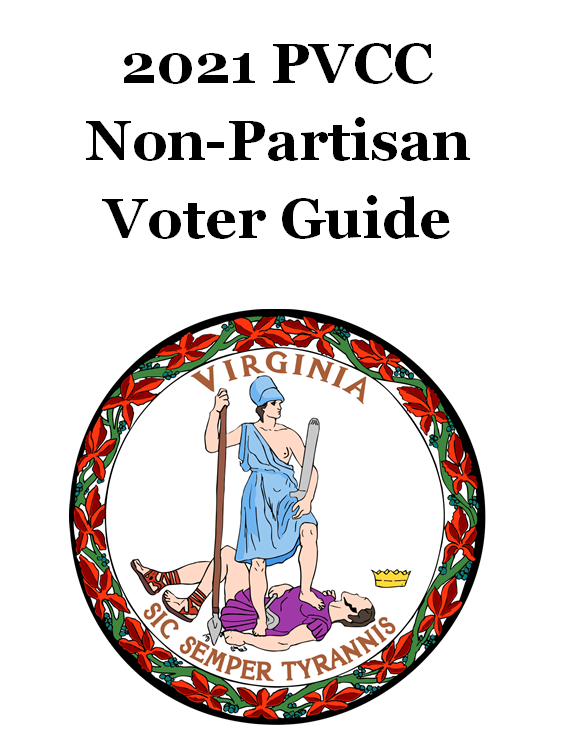 Cover of the 2021 PVCC Non-Partisan Voter Guide including the VA state seal