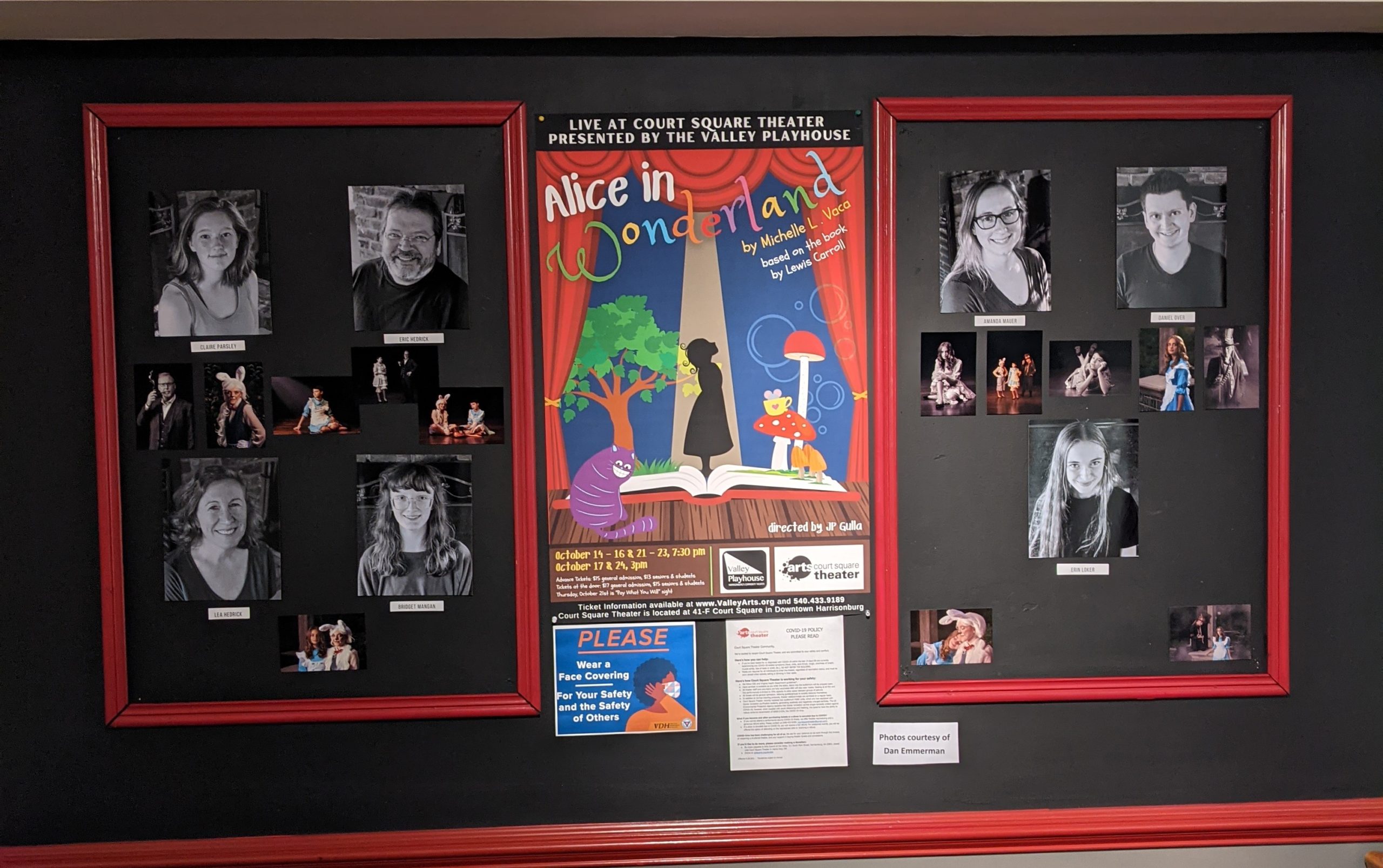 A poster showing the cast of the Valley Theater production of Alice and Wonderland, showing large black and white photos of each cast member