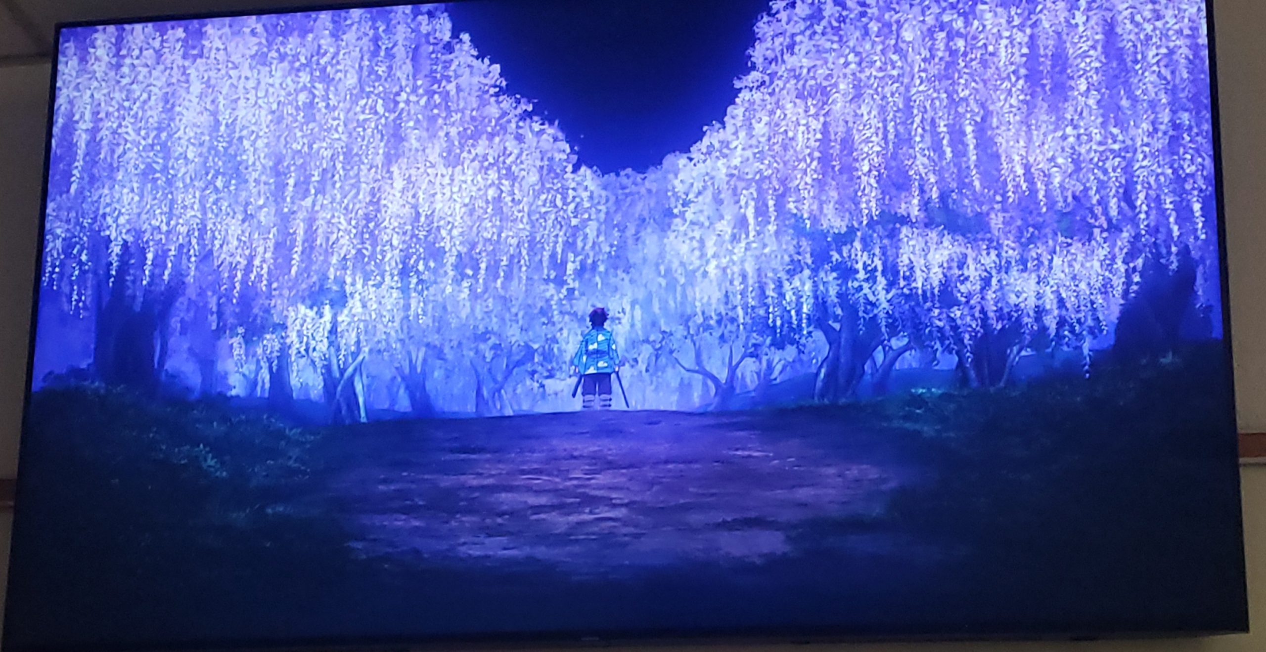 A scene from the anime Demon Slayer, showing a figure in a green kimono staring at a forest filled with glowing blue trees