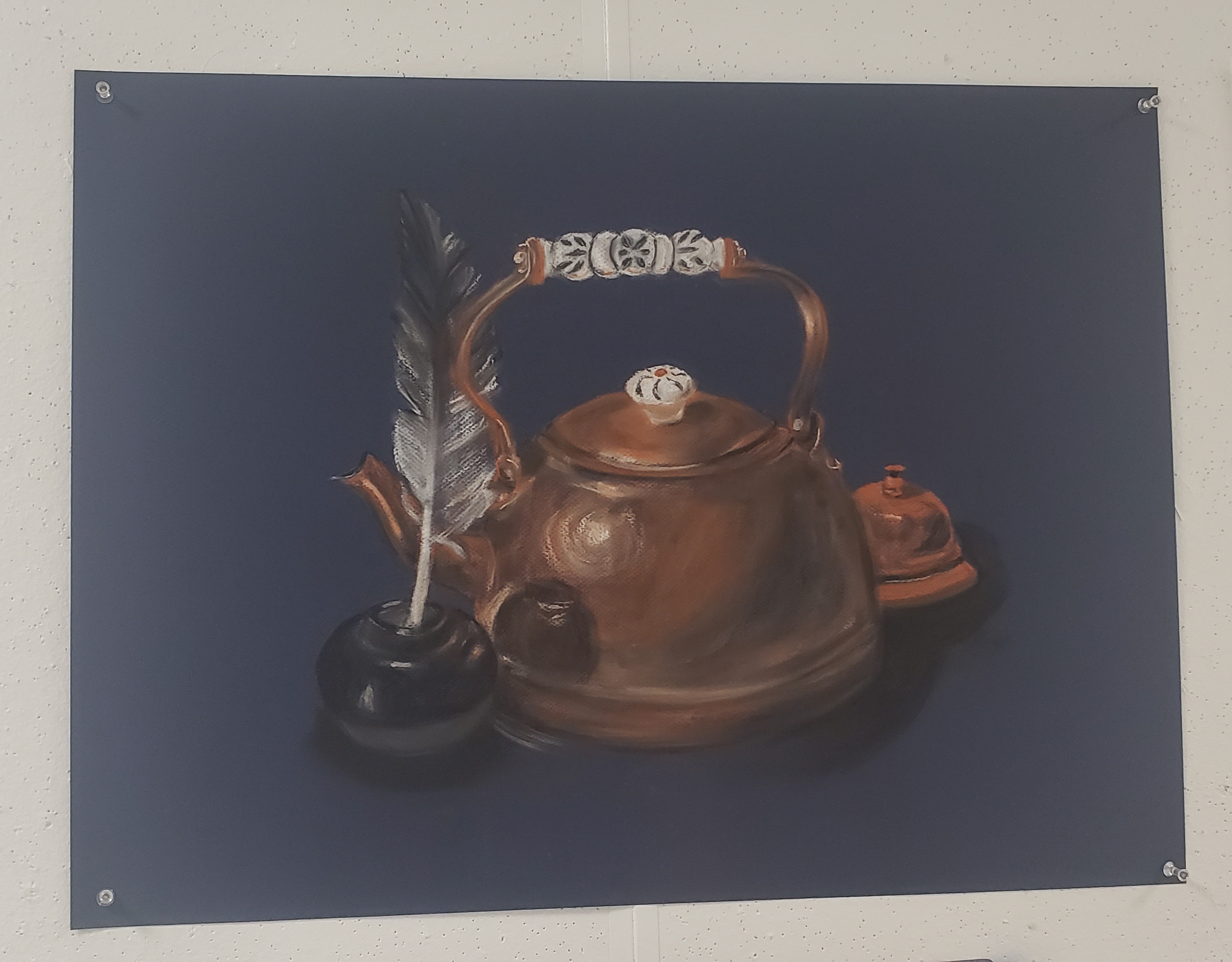 A drawing of a brown teapot on a dark blue background