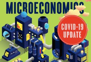 The cover of an economics textbook, with blue computer-like structures over a bright green background. Text reads "principles of microeconomics." A red circle on the cover has the words "COVID-19 Update" inside of it