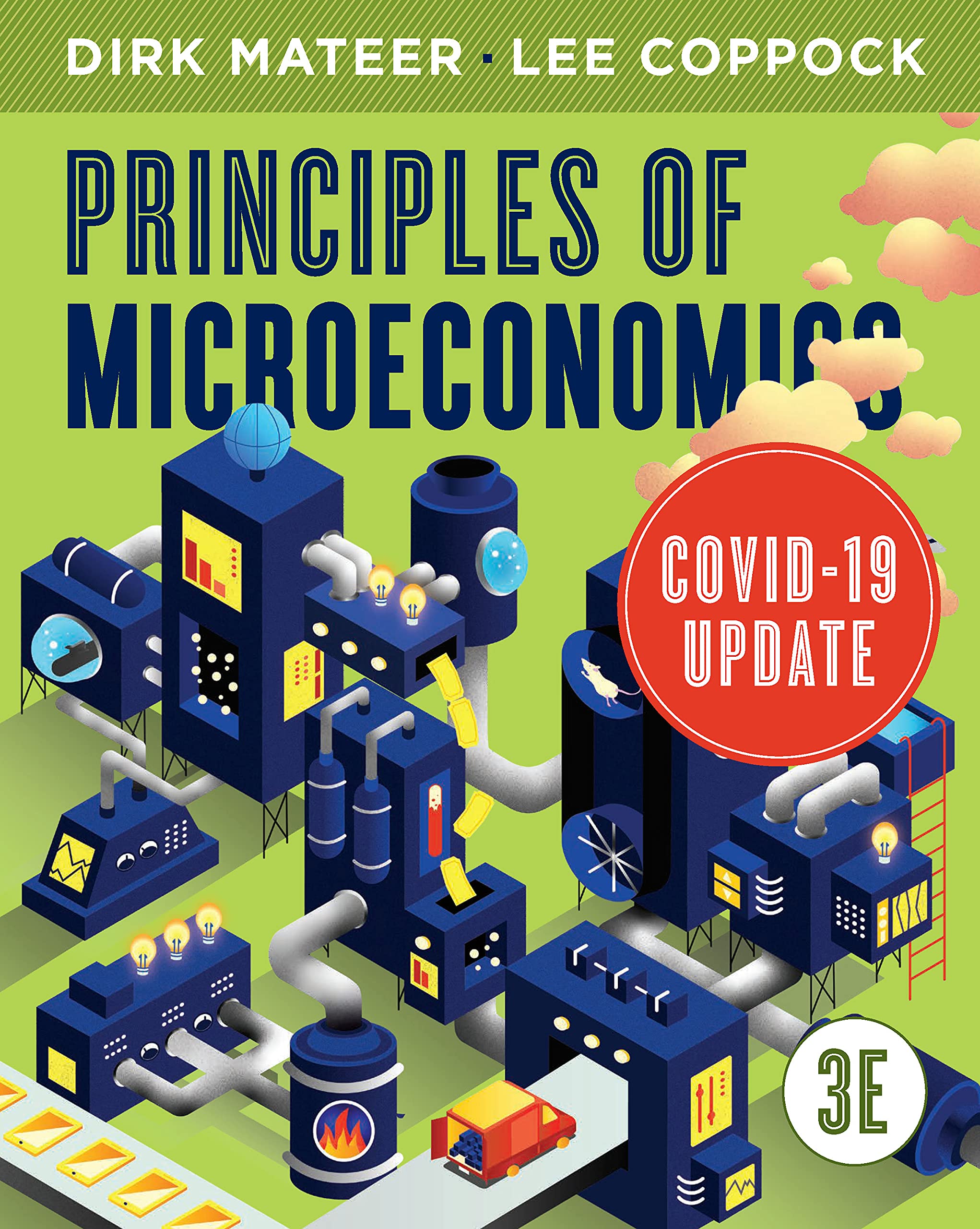 The cover of an economics textbook, with blue computer-like structures over a bright green background. Text reads "principles of microeconomics." A red circle on the cover has the words "COVID-19 Update" inside of it
