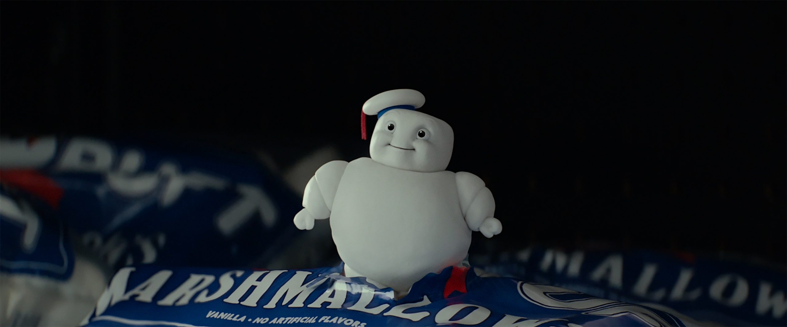 A delightfully rotund little marshmellow man, the stay-puft marshmellow man, looks ponderously up at the camera