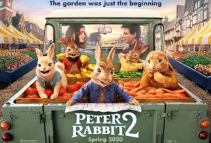 Four smiling bunnies wearing clothing ride in the back of a truck with vegetables. The two human leads are looking at each other in the front seat. Above it it reads, "The Garden was just the beginning." At the bottom of the image it says, "Peter Rabbit 2 Spring 2020"