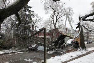 Massive tree that has been practically ripped in half, with a large torn off portion in the middle of a road blocking both lanes of traffic in a residential neighborhood. Snow on the ground on the sidewalk and yards of the houses surrounding.