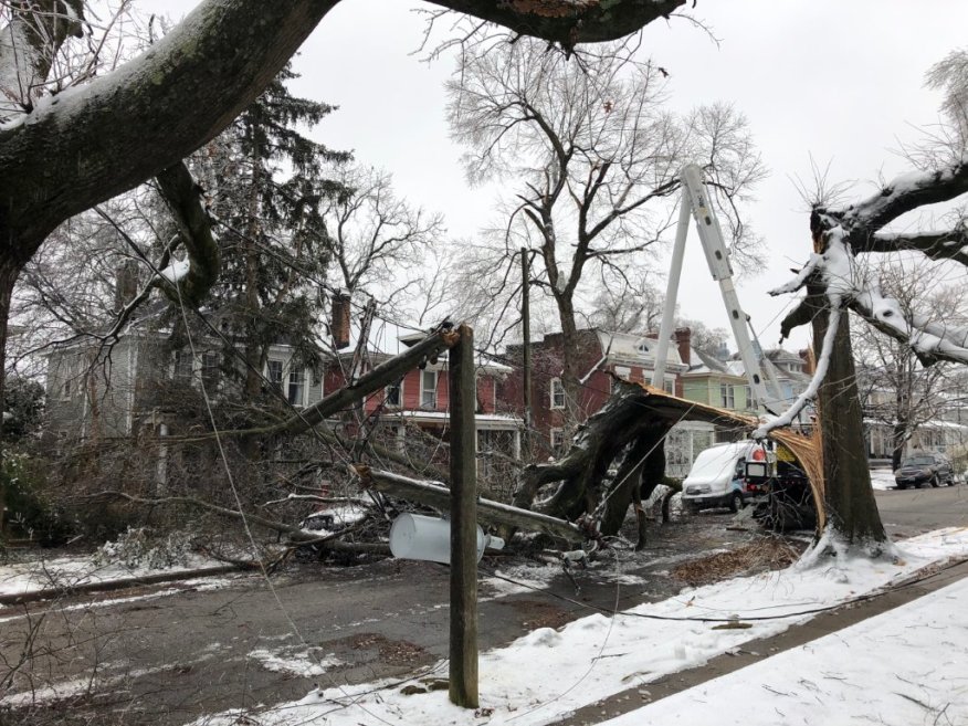 Massive tree that has been practically ripped in half, with a large torn off portion in the middle of a road blocking both lanes of traffic in a residential neighborhood. Snow on the ground on the sidewalk and yards of the houses surrounding.