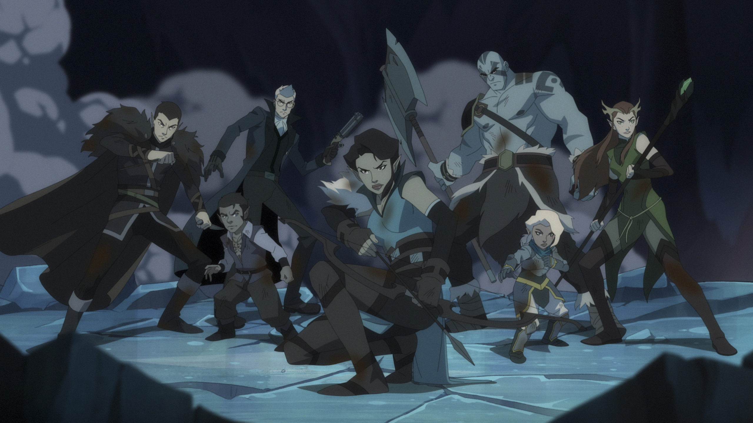 Vox Machina lined up dramatically with all their weapons