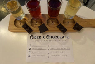 Assorted chocolate and alchohol sitting next to a menu